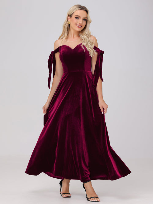 Sheer Neck Sweetheart Ankle Length Velvet Bridesmaid Dresses