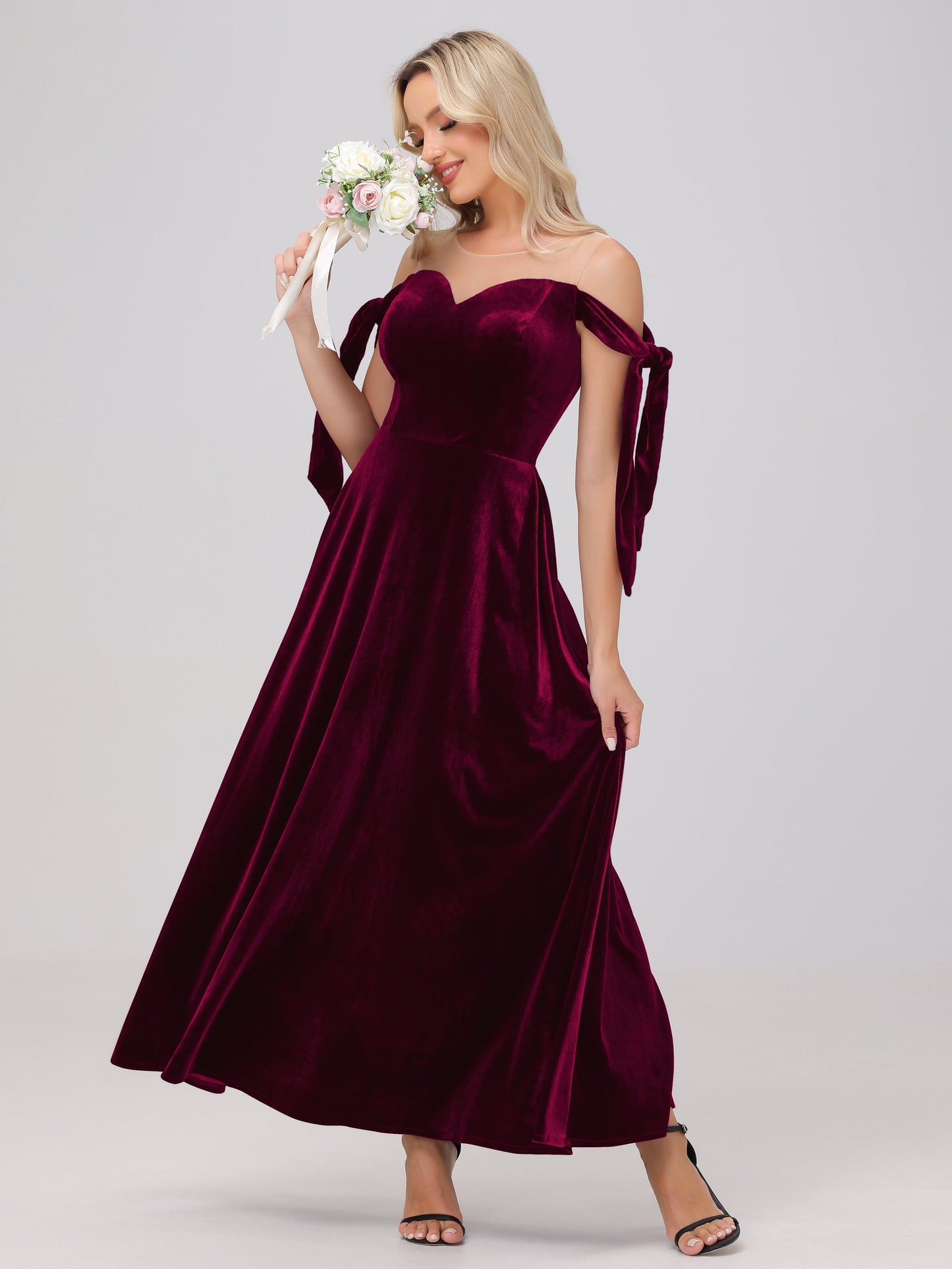Sheer Neck Sweetheart Ankle Length Velvet Bridesmaid Dresses