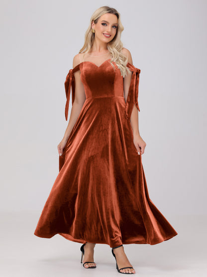 Sheer Neck Sweetheart Ankle Length Velvet Bridesmaid Dresses