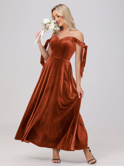 Sheer Neck Sweetheart Ankle Length Velvet Bridesmaid Dresses