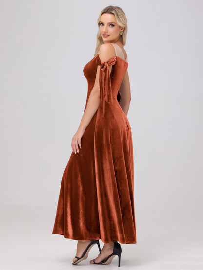 Sheer Neck Sweetheart Ankle Length Velvet Bridesmaid Dresses