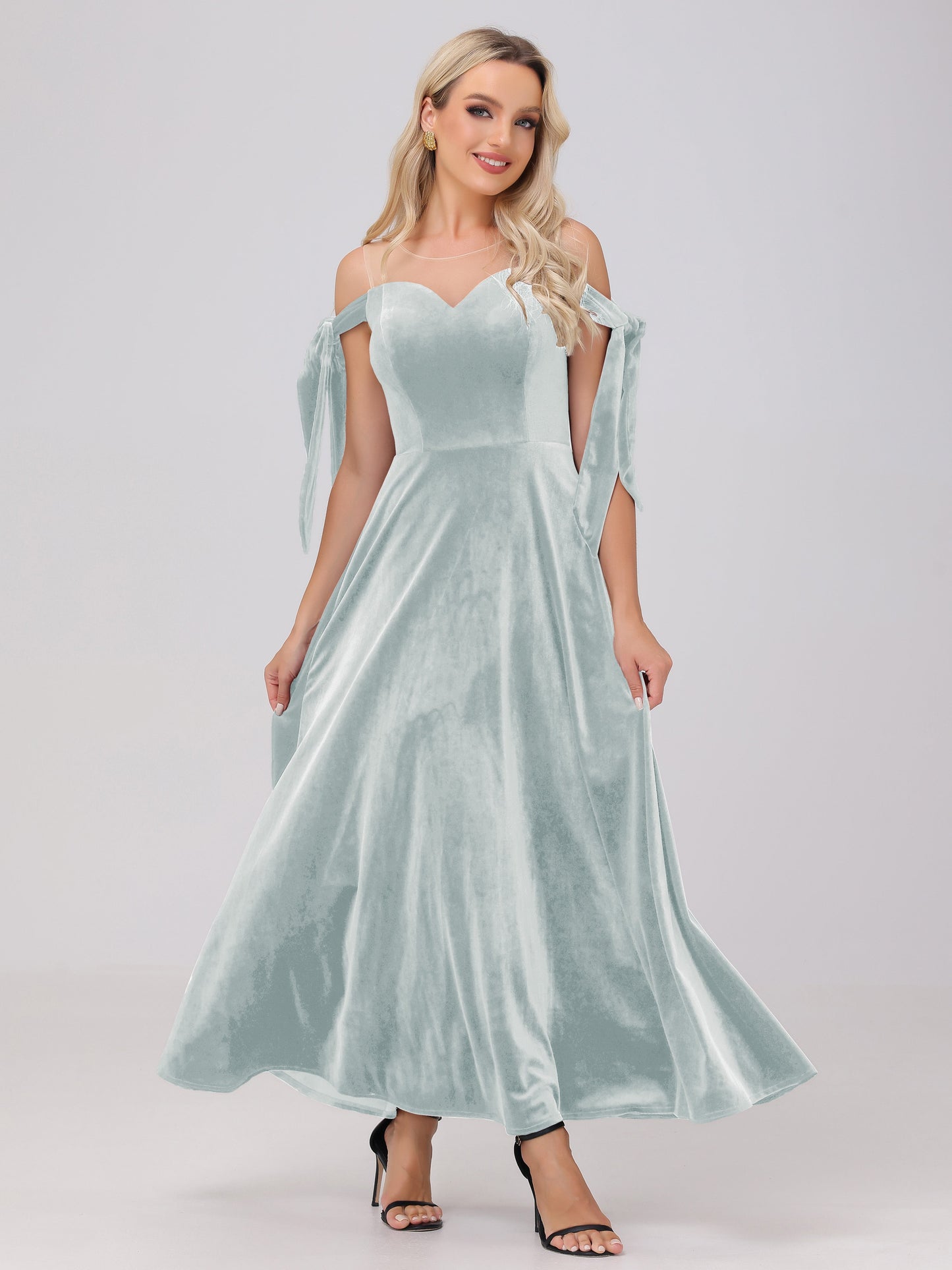 Sheer Neck Sweetheart Ankle Length Velvet Bridesmaid Dresses