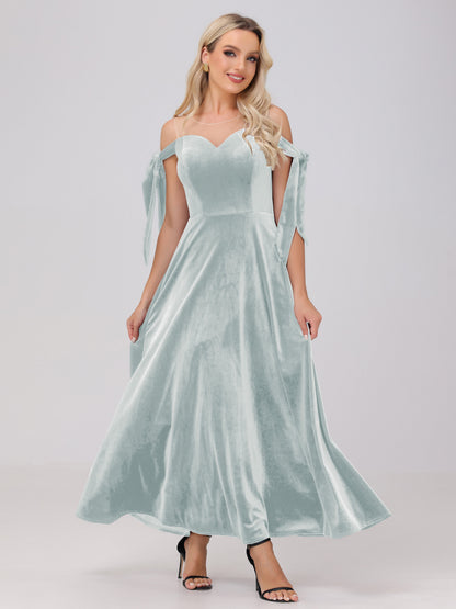 Sheer Neck Sweetheart Ankle Length Velvet Bridesmaid Dresses