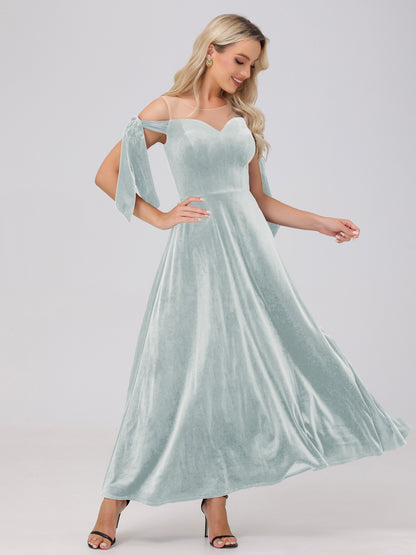 Sheer Neck Sweetheart Ankle Length Velvet Bridesmaid Dresses