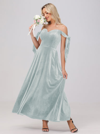 Sheer Neck Sweetheart Ankle Length Velvet Bridesmaid Dresses
