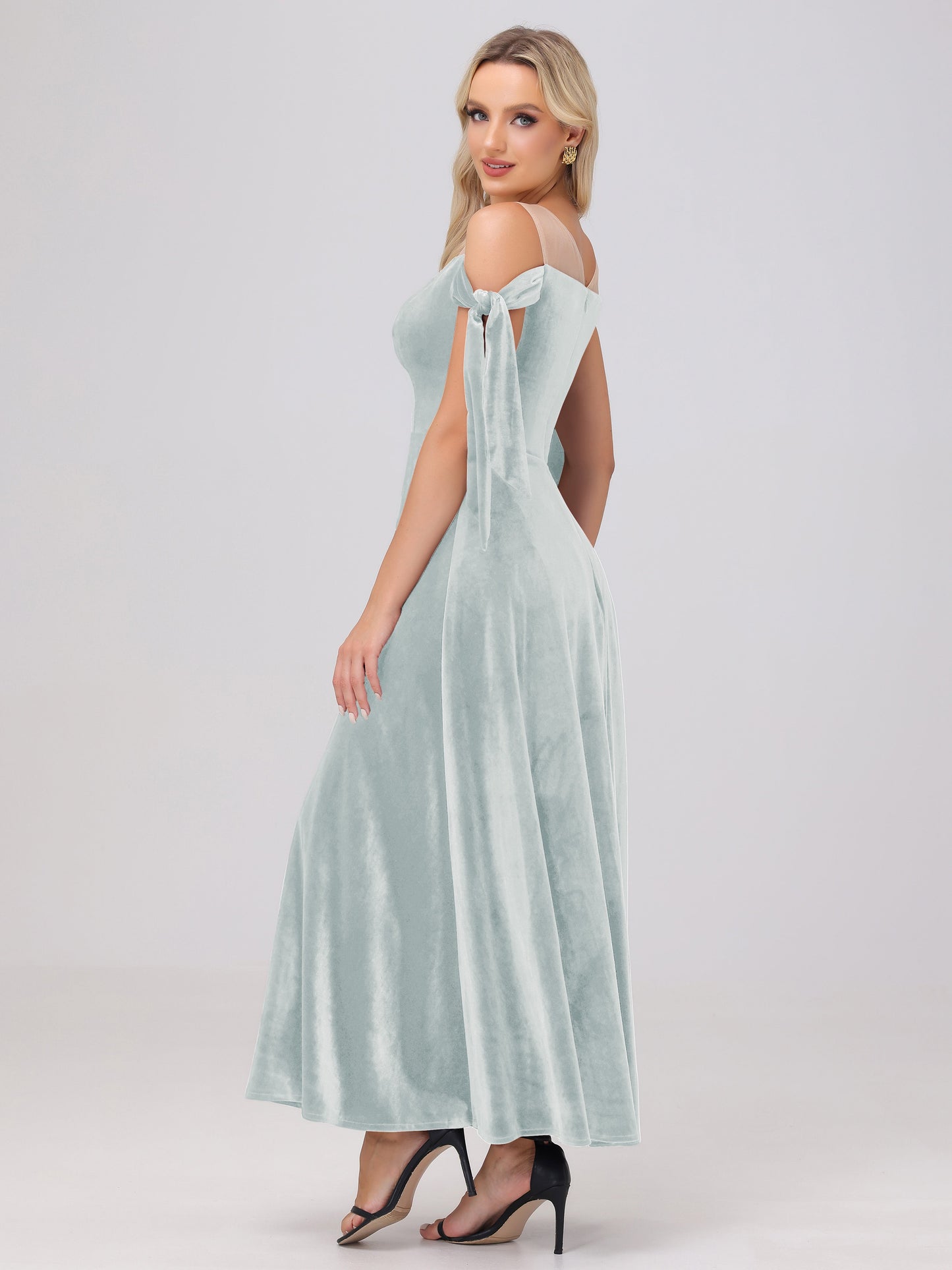 Sheer Neck Sweetheart Ankle Length Velvet Bridesmaid Dresses