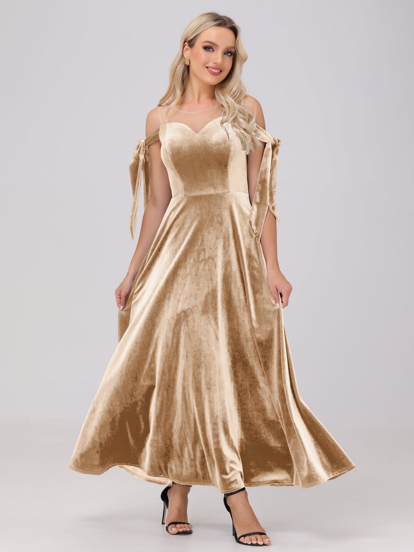 Sheer Neck Sweetheart Ankle Length Velvet Bridesmaid Dresses