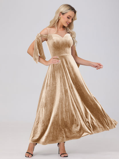 Sheer Neck Sweetheart Ankle Length Velvet Bridesmaid Dresses