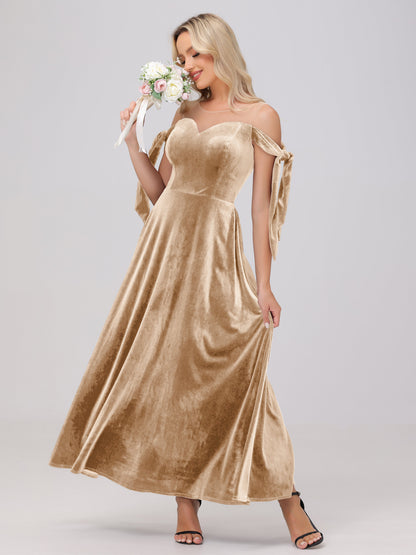Sheer Neck Sweetheart Ankle Length Velvet Bridesmaid Dresses