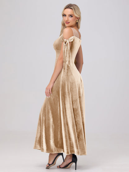 Sheer Neck Sweetheart Ankle Length Velvet Bridesmaid Dresses