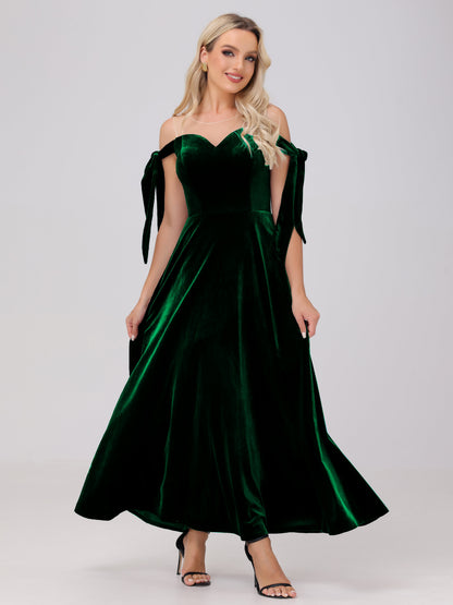Sheer Neck Sweetheart Ankle Length Velvet Bridesmaid Dresses
