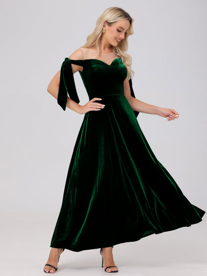 Sheer Neck Sweetheart Ankle Length Velvet Bridesmaid Dresses
