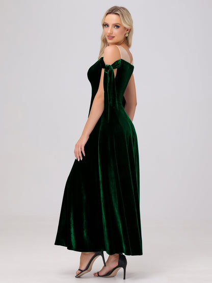 Sheer Neck Sweetheart Ankle Length Velvet Bridesmaid Dresses