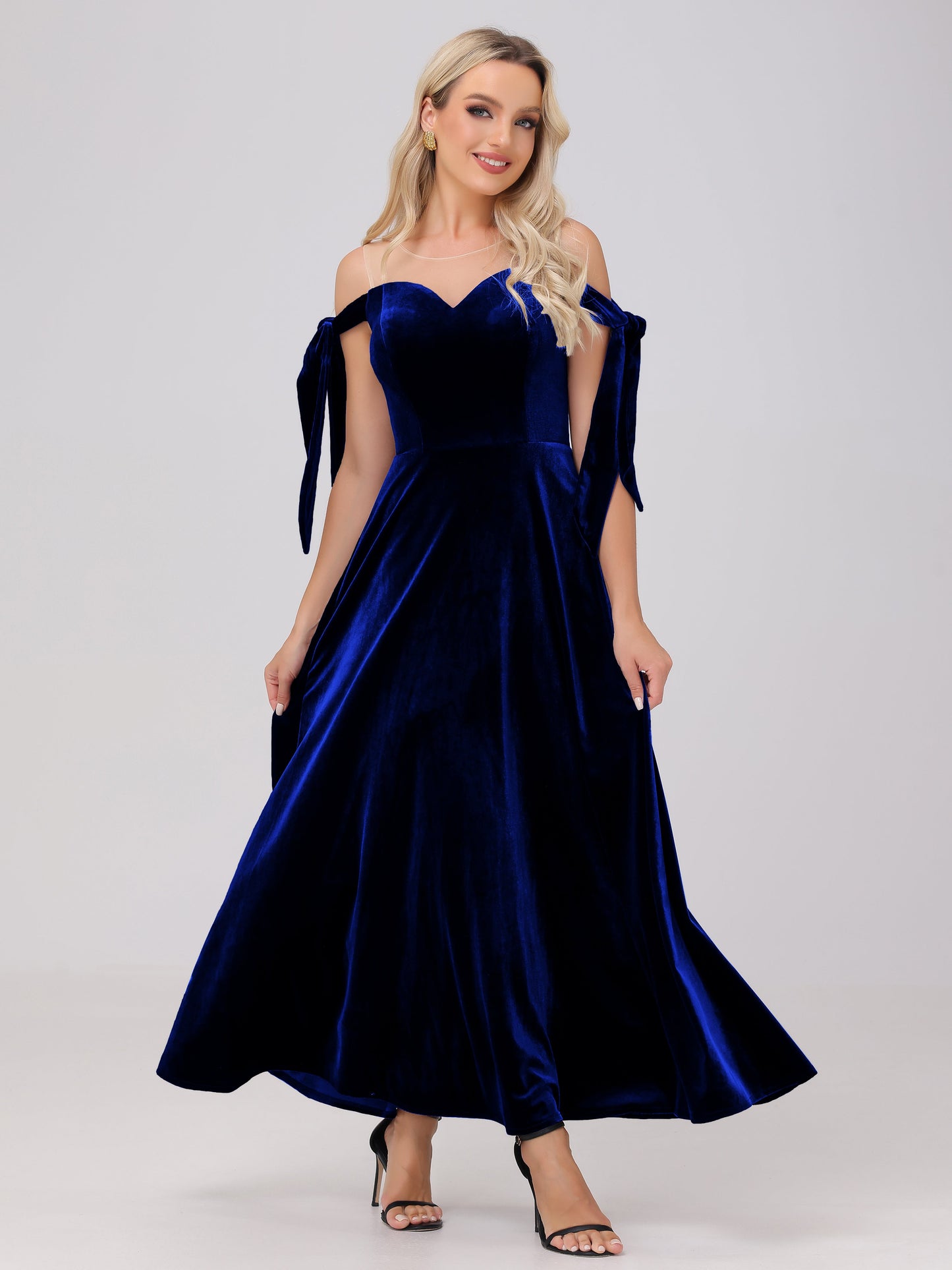 Sheer Neck Sweetheart Ankle Length Velvet Bridesmaid Dresses