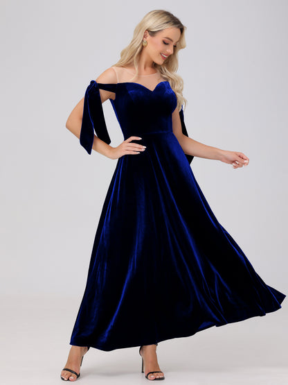 Sheer Neck Sweetheart Ankle Length Velvet Bridesmaid Dresses