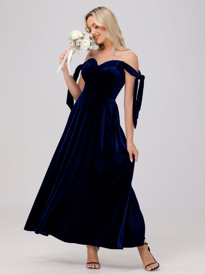 Sheer Neck Sweetheart Ankle Length Velvet Bridesmaid Dresses