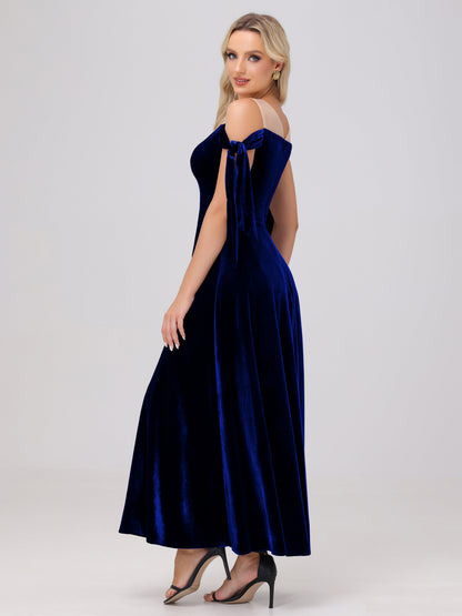 Sheer Neck Sweetheart Ankle Length Velvet Bridesmaid Dresses