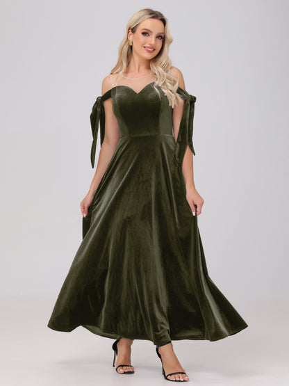 Sheer Neck Sweetheart Ankle Length Velvet Bridesmaid Dresses