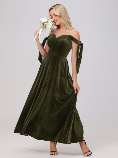 Sheer Neck Sweetheart Ankle Length Velvet Bridesmaid Dresses