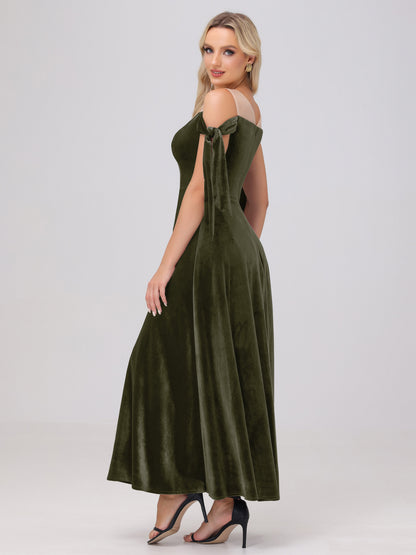 Sheer Neck Sweetheart Ankle Length Velvet Bridesmaid Dresses