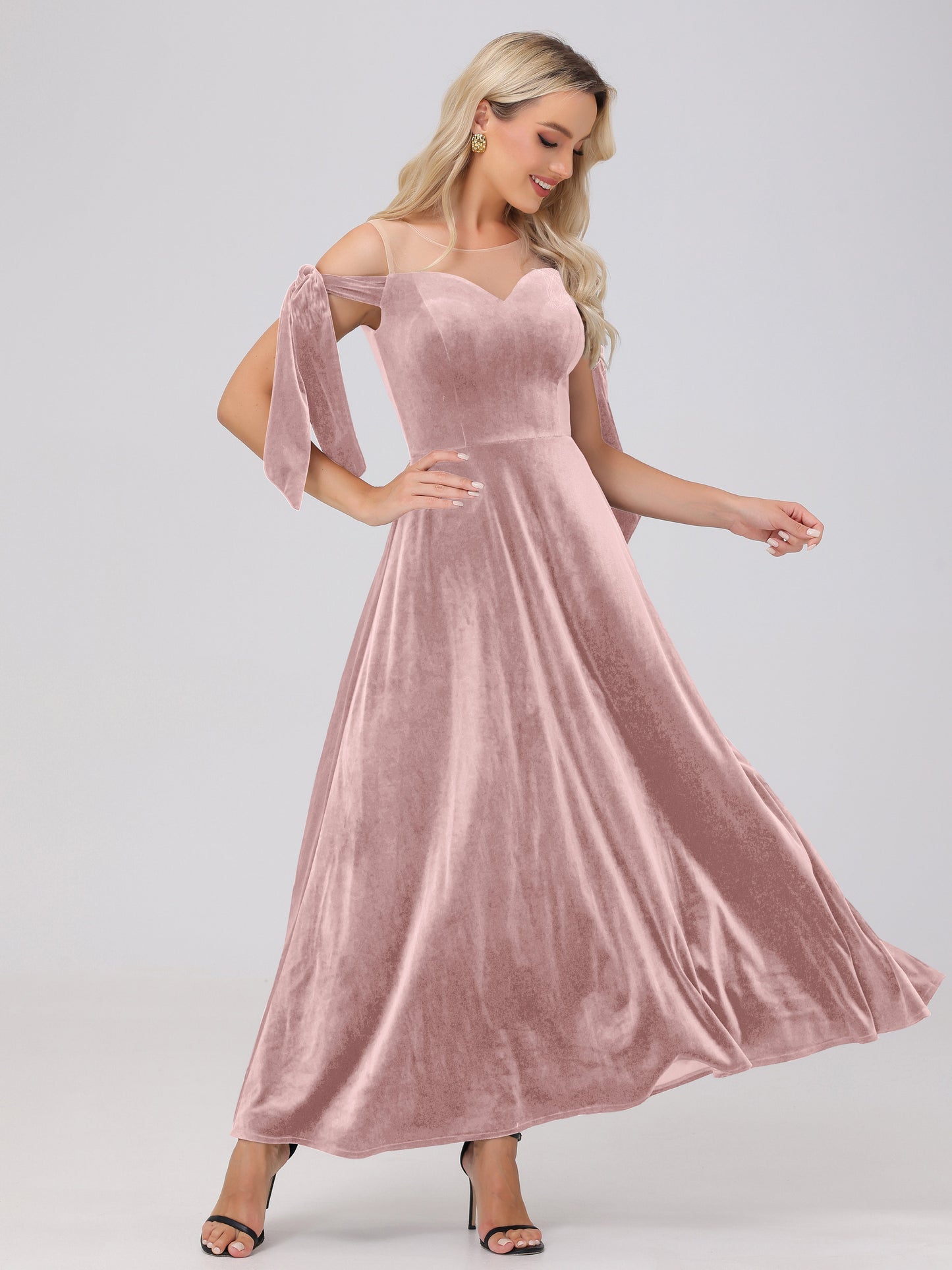 Sheer Neck Sweetheart Ankle Length Velvet Bridesmaid Dresses