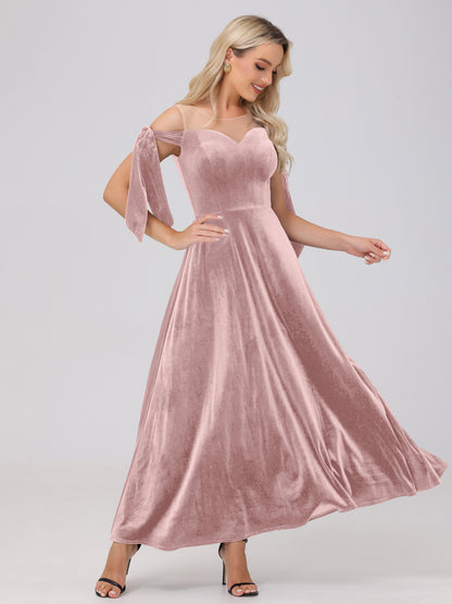 Sheer Neck Sweetheart Ankle Length Velvet Bridesmaid Dresses