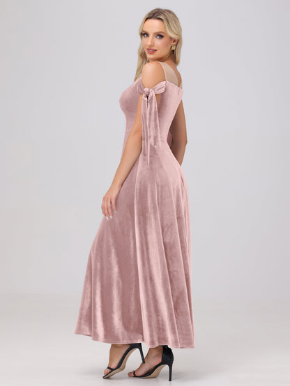 Sheer Neck Sweetheart Ankle Length Velvet Bridesmaid Dresses