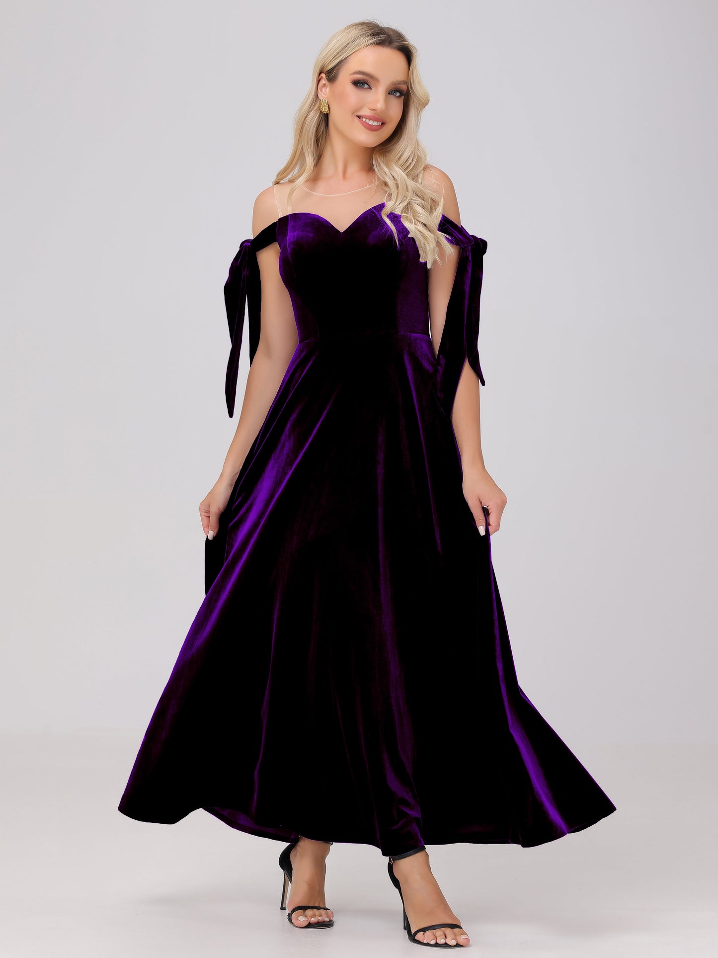 Sheer Neck Sweetheart Ankle Length Velvet Bridesmaid Dresses