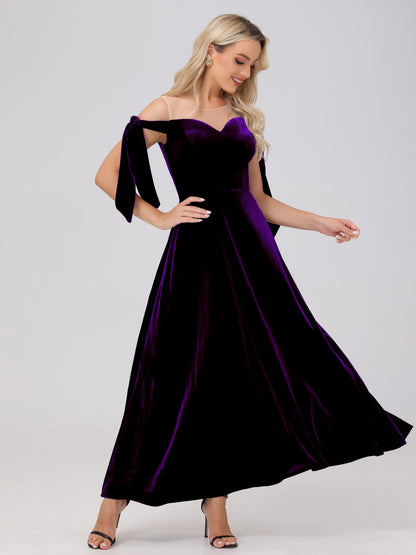 Sheer Neck Sweetheart Ankle Length Velvet Bridesmaid Dresses