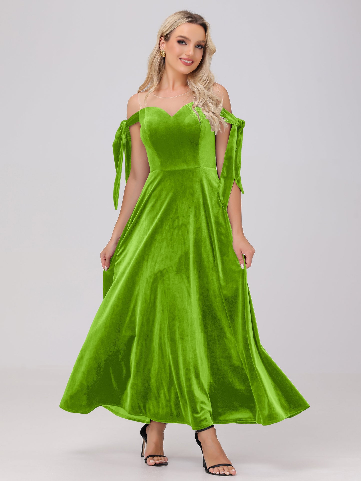 Sheer Neck Sweetheart Ankle Length Velvet Bridesmaid Dresses