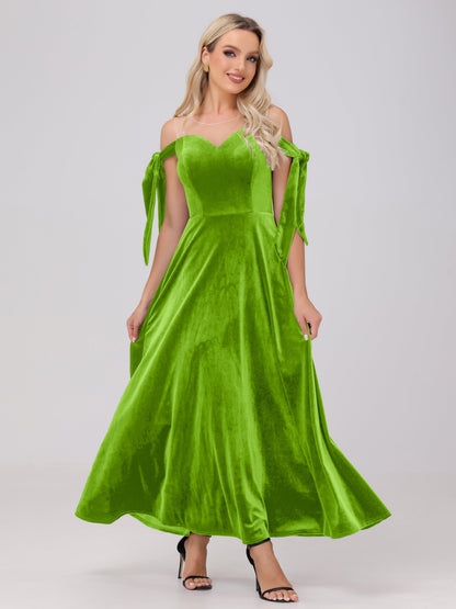 Sheer Neck Sweetheart Ankle Length Velvet Bridesmaid Dresses
