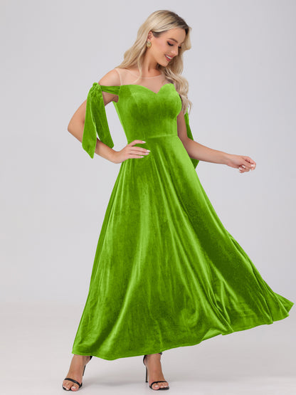 Sheer Neck Sweetheart Ankle Length Velvet Bridesmaid Dresses