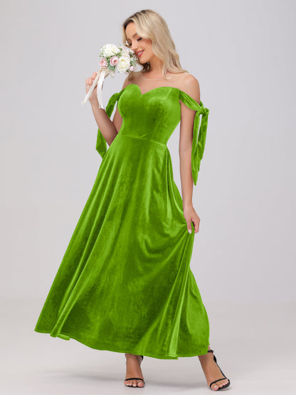 Sheer Neck Sweetheart Ankle Length Velvet Bridesmaid Dresses