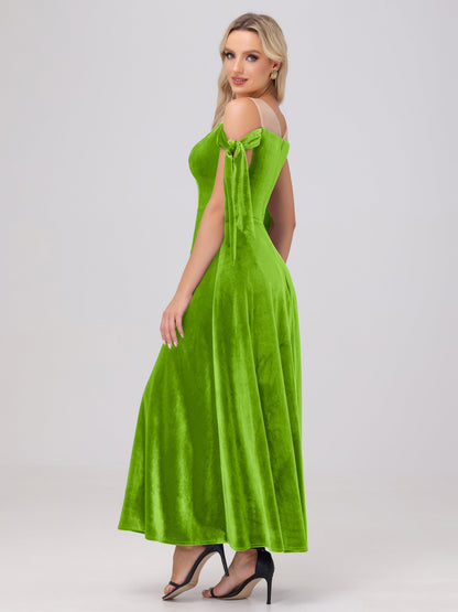 Sheer Neck Sweetheart Ankle Length Velvet Bridesmaid Dresses