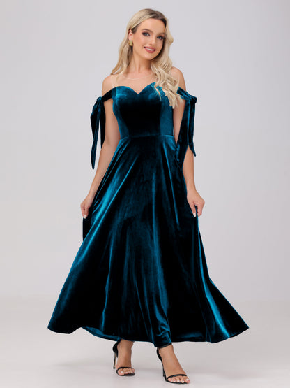 Sheer Neck Sweetheart Ankle Length Velvet Bridesmaid Dresses