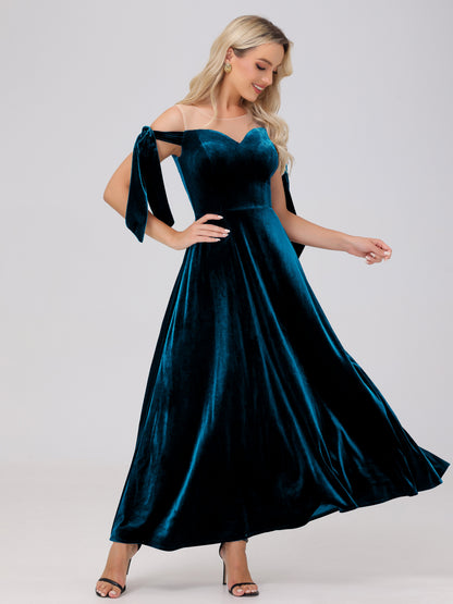 Sheer Neck Sweetheart Ankle Length Velvet Bridesmaid Dresses