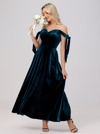 Sheer Neck Sweetheart Ankle Length Velvet Bridesmaid Dresses