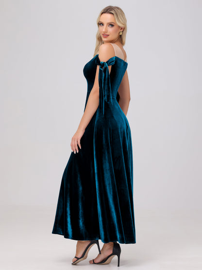 Sheer Neck Sweetheart Ankle Length Velvet Bridesmaid Dresses