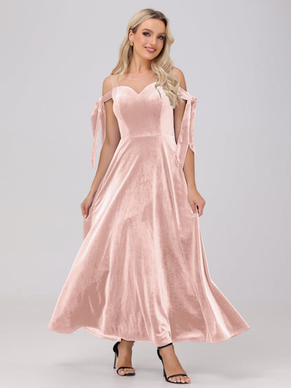 Sheer Neck Sweetheart Ankle Length Velvet Bridesmaid Dresses