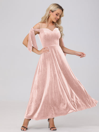 Sheer Neck Sweetheart Ankle Length Velvet Bridesmaid Dresses