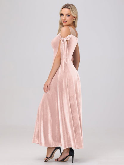 Sheer Neck Sweetheart Ankle Length Velvet Bridesmaid Dresses
