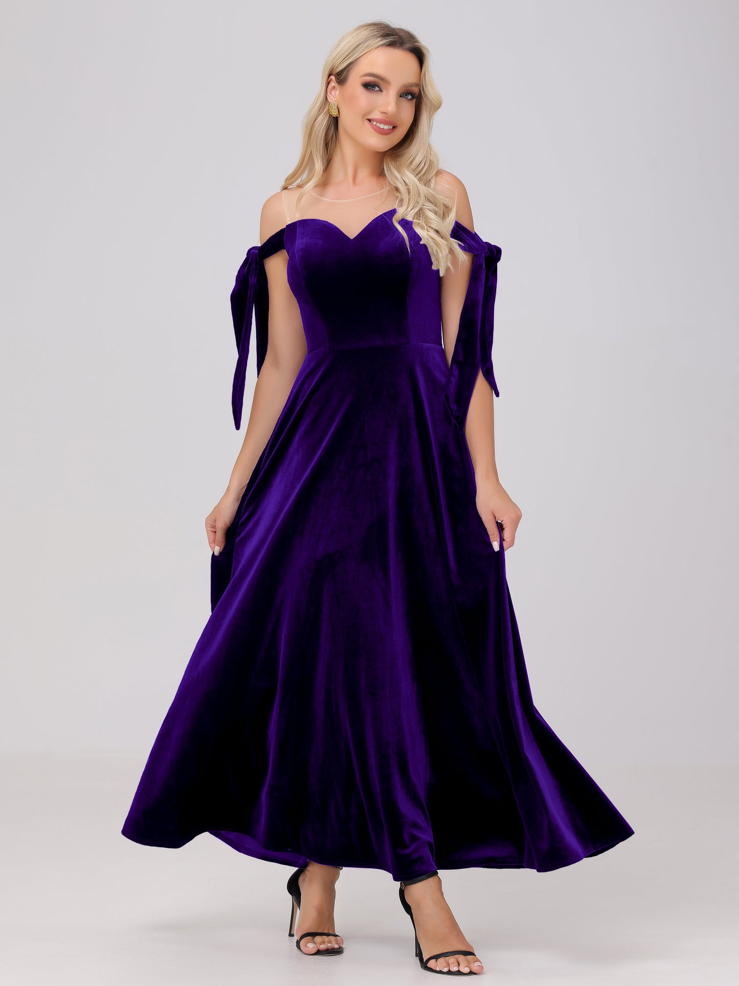 Sheer Neck Sweetheart Ankle Length Velvet Bridesmaid Dresses