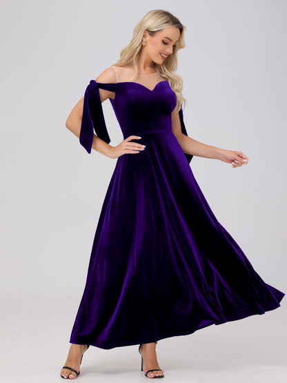 Sheer Neck Sweetheart Ankle Length Velvet Bridesmaid Dresses