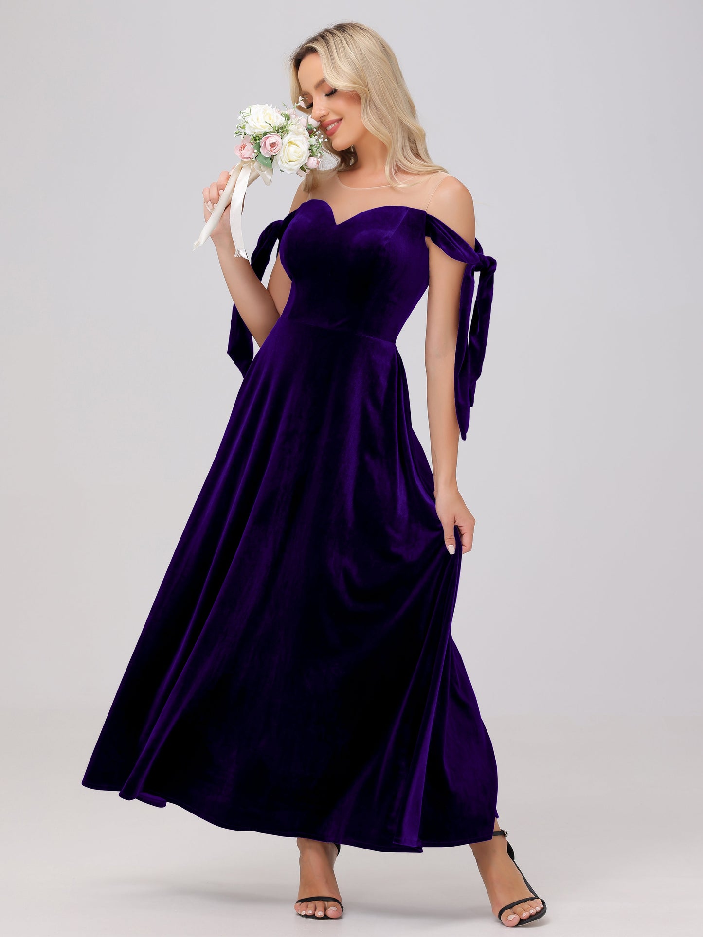 Sheer Neck Sweetheart Ankle Length Velvet Bridesmaid Dresses