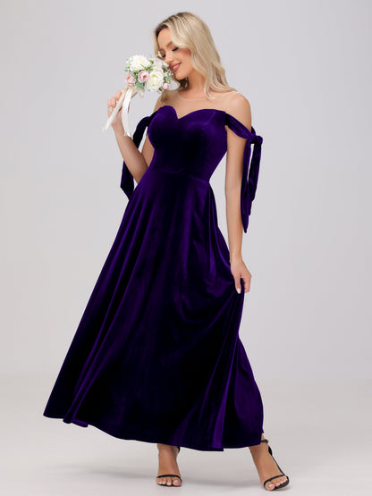 Sheer Neck Sweetheart Ankle Length Velvet Bridesmaid Dresses