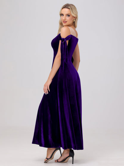 Sheer Neck Sweetheart Ankle Length Velvet Bridesmaid Dresses