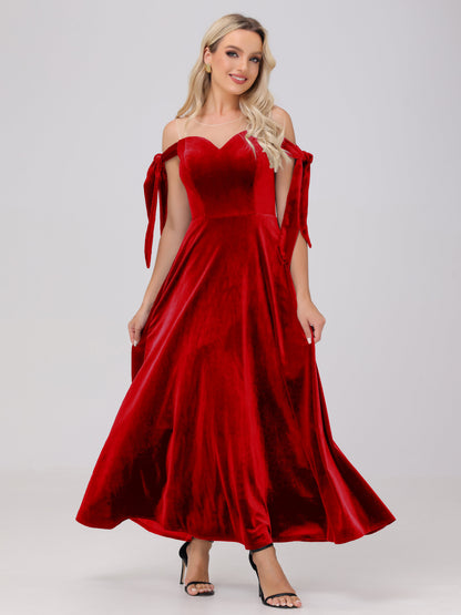 Sheer Neck Sweetheart Ankle Length Velvet Bridesmaid Dresses