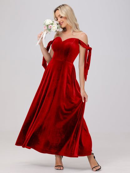 Sheer Neck Sweetheart Ankle Length Velvet Bridesmaid Dresses