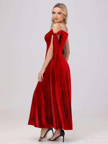 Sheer Neck Sweetheart Ankle Length Velvet Bridesmaid Dresses