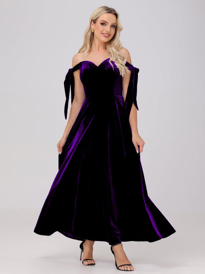 Sheer Neck Sweetheart Ankle Length Velvet Bridesmaid Dresses